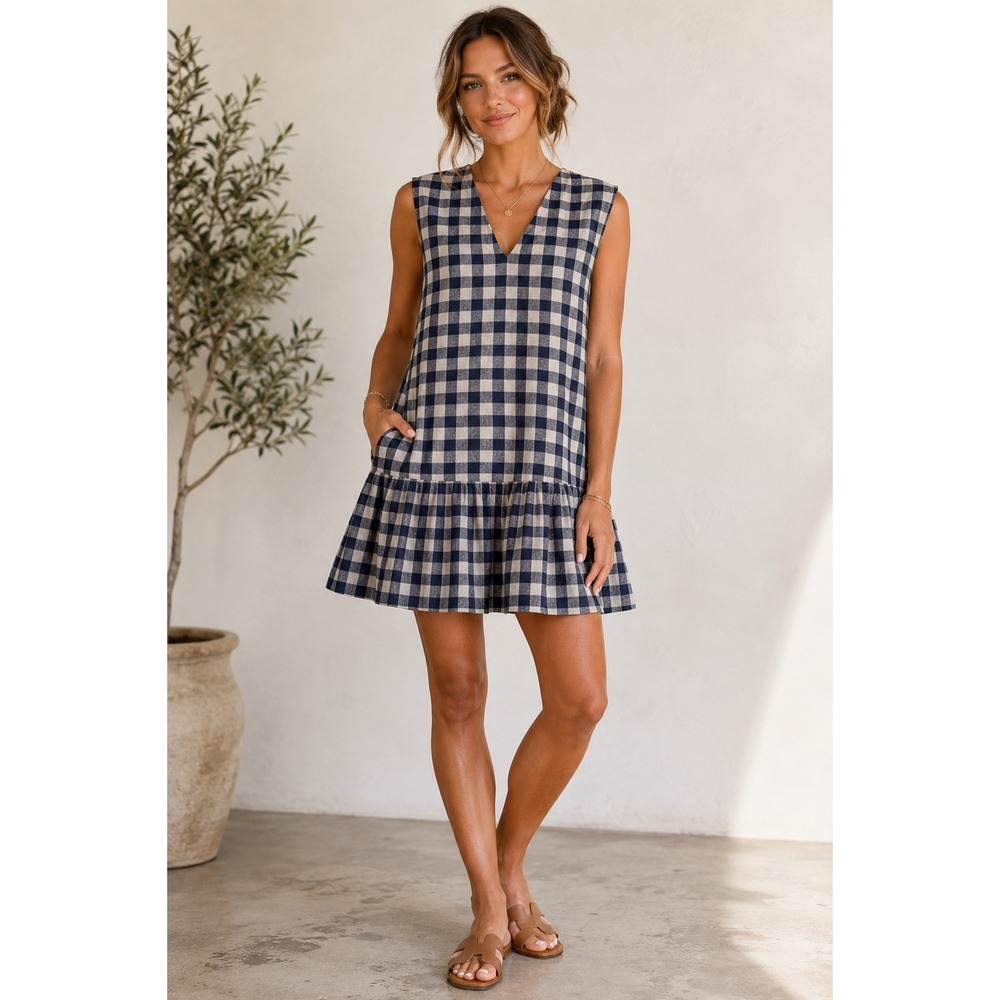 Linenbee 100% Linen Gingham Dress Navy Blue Drop Waist Cottagecore Boho Medium